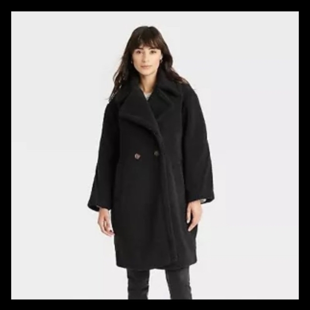 Universal Thread Black Teddy Coat for Women Long Sleeve Female Double Button